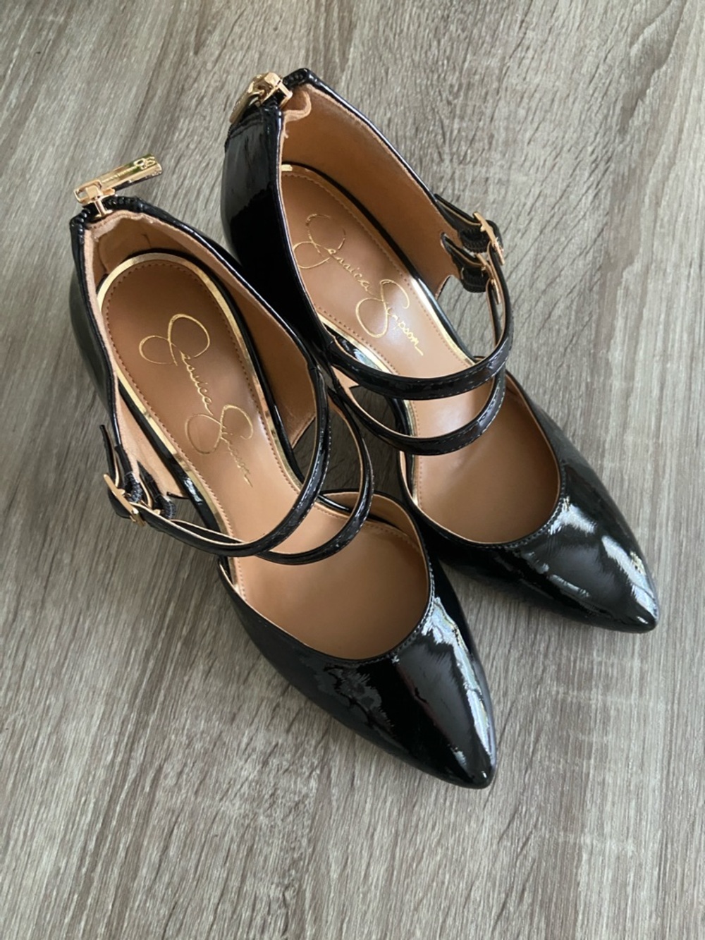 Jessica Simpson Black Patent Double-Strap Pointed-Toe Pumps